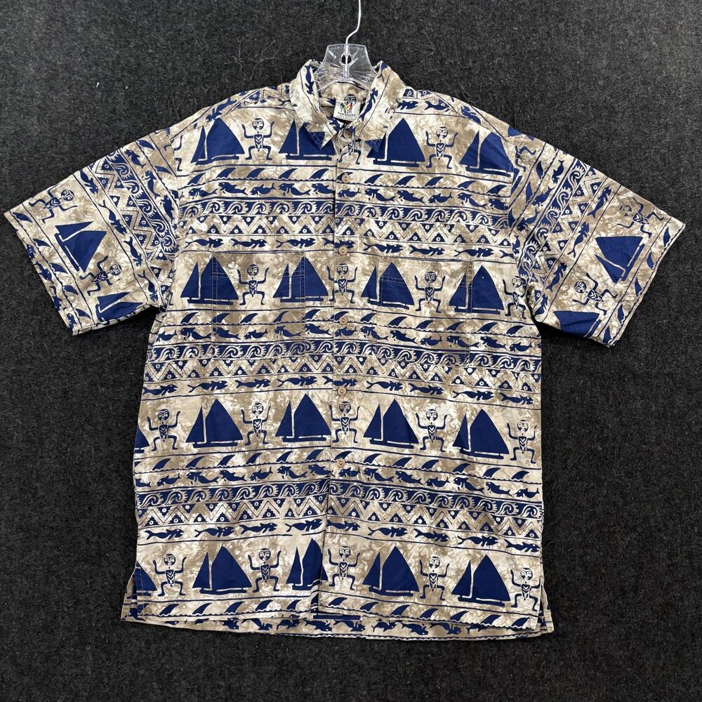Rum Reggae Shirt Men's Large Blue Sailboat Short Sleeve Button Up Hawaiian
